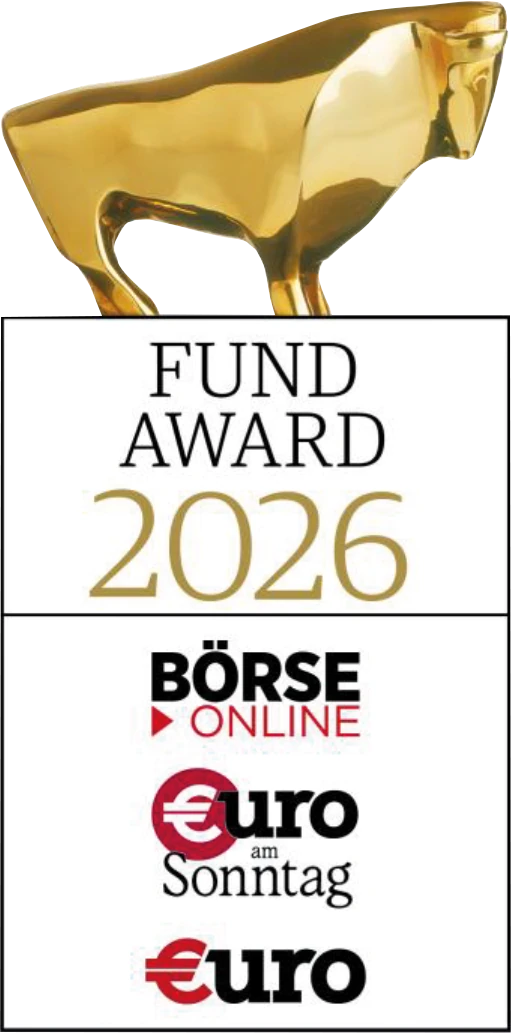 Goldener Bulle mit Siegel „Fund Award 2026“ von Börse Online und Euro